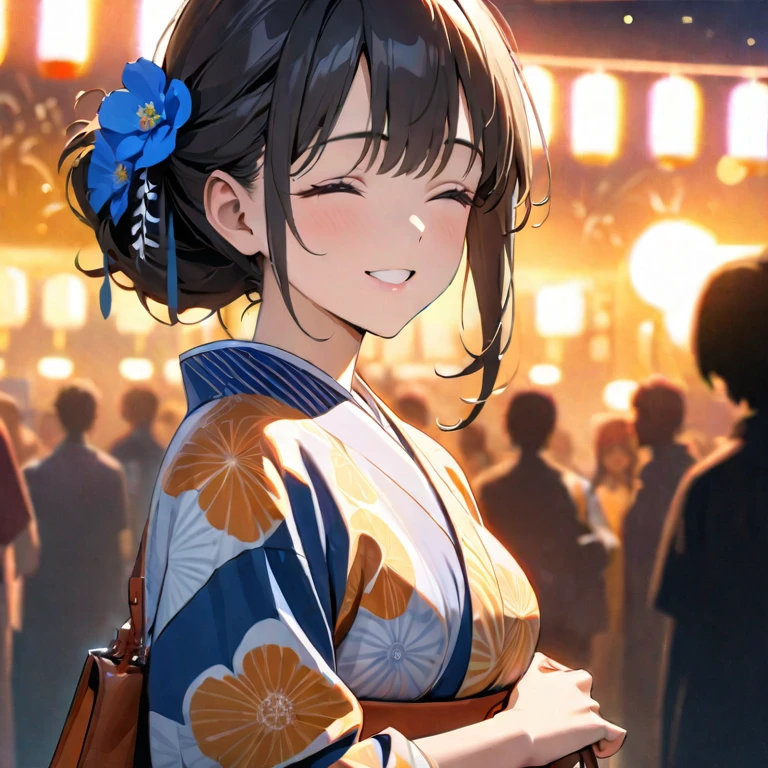 (best quality,8k,highres, masterpiece:1.2), (anime style),ultra-detailed, HDR, UHD, studio lighting, ultra-fine painting, sharp focus, physically-based rendering, extreme detail description, professional, vivid colors, bokeh, portraits, concept artists, warm color palette, dramatic lighting,Summer festival night,1 beautiful woman,(blue flower pattern kimono),updo, big smile, closed eyes, (The cityscape lined with the fairs of summer festivals),(beautiful hair, glowing skin,),(Silhouette of a passing crowd),(fireworks in sky background),Holding a Hermès Kelly Bag