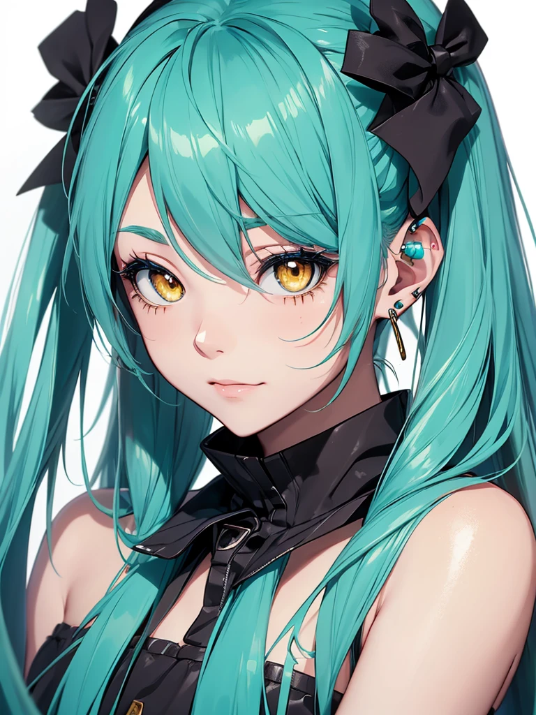 Hatsune Miku, makeup, earrings, yellow eyes