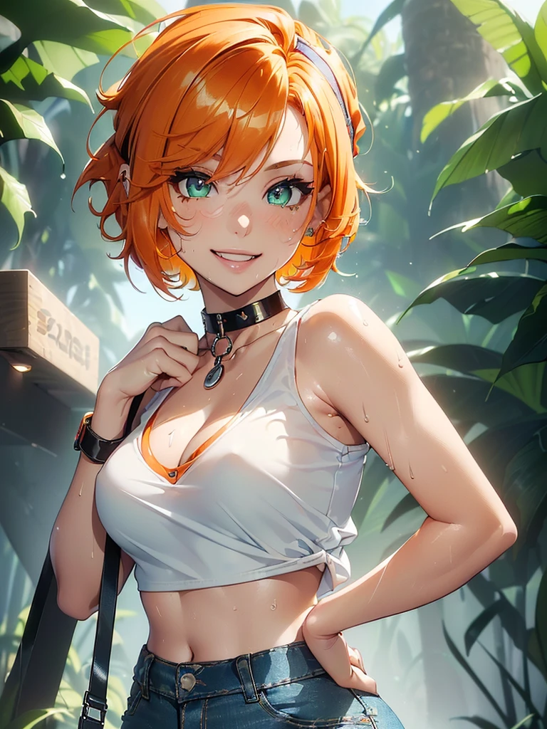 (masterpiece)(8k)(cute)(25-year old woman)(from below)(1girl:1.5)(solo:1.8)(wild hair:1.3)(short hair:1.3)(orange hair)(shiny hair:1.2)(flat chest:1.3)(white bandana:1.2)(green pupils)(glossy skin:1.2)(glossy lips)(glossy eye-shadow:1.2)(shiny)(playful)(choker necklace)(punk rock shirt:1.2)(ripped jeans)(shiny legs:1.2)(tennis shoes)(happy and smiling:1.3)(surprised:1.3)(sweaty:1.4)(detailed facial features:1.2)
