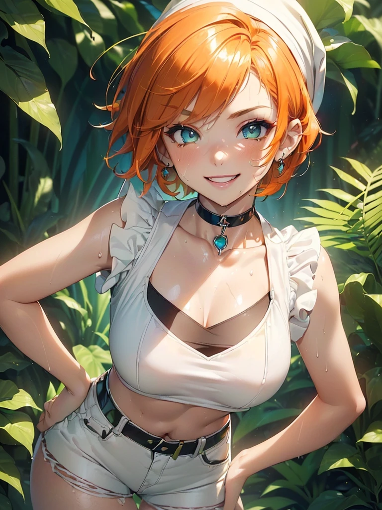 (masterpiece)(8k)(cute)(25-year old woman)(from below)(1girl:1.5)(solo:1.8)(wild hair:1.3)(short hair:1.3)(orange hair)(shiny hair:1.2)(flat chest:1.3)(white bandana:1.2)(green pupils)(glossy skin:1.2)(glossy lips)(glossy eye-shadow:1.2)(shiny)(playful)(choker necklace)(punk rock shirt:1.2)(ripped jeans)(shiny legs:1.2)(tennis shoes)(happy and smiling:1.3)(surprised:1.3)(sweaty:1.4)(detailed facial features:1.2)