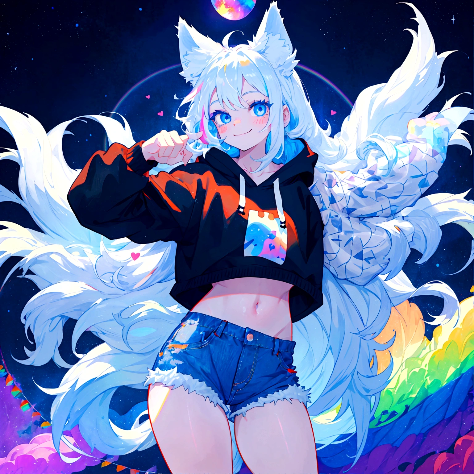 a cute adult male with wolf ears, long white hair, long locks, has a wolf tail, wearing a loose cropped black hoodie, wearing a pair of denim short shorts and fishnet stockings, thick thighs, wide hips, dancing on a mound of fluffy multi colored kawaii plushies, short, very slim, showing slender tummy, heart on hoodie, squishy thighs, has glowing blue eyes. alone, solo (ALONE)(SOLO), surrounded by rainbows, colorful galaxy backround, smiling