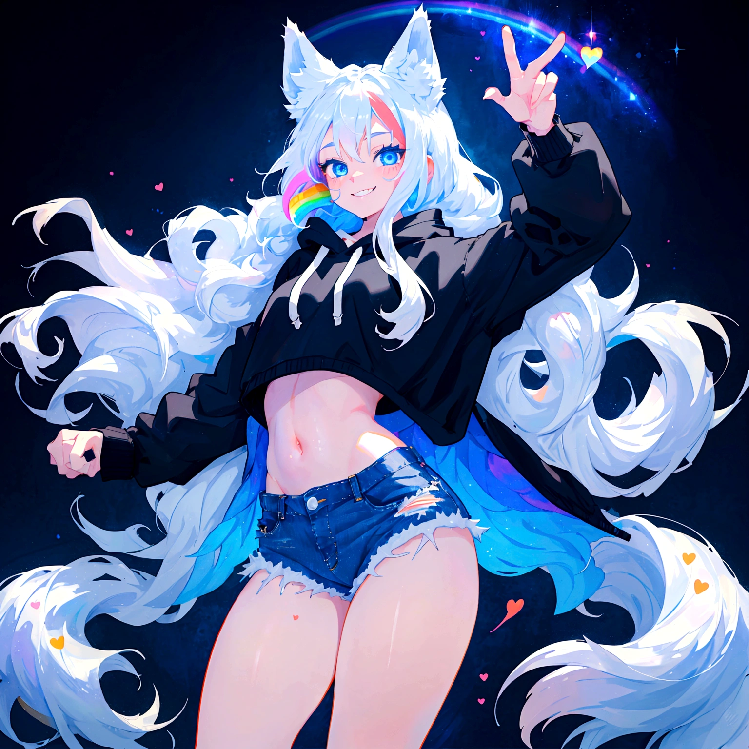 a cute adult male with wolf ears, long white hair, long locks, has a wolf tail, wearing a loose cropped black hoodie, wearing a pair of denim short shorts and fishnet stockings, thick thighs, wide hips, dancing on a mound of fluffy multi colored kawaii plushies, short, very slim, showing slender tummy, heart on hoodie, squishy thighs, has glowing blue eyes. alone, solo (ALONE)(SOLO), surrounded by rainbows, colorful galaxy backround, smiling