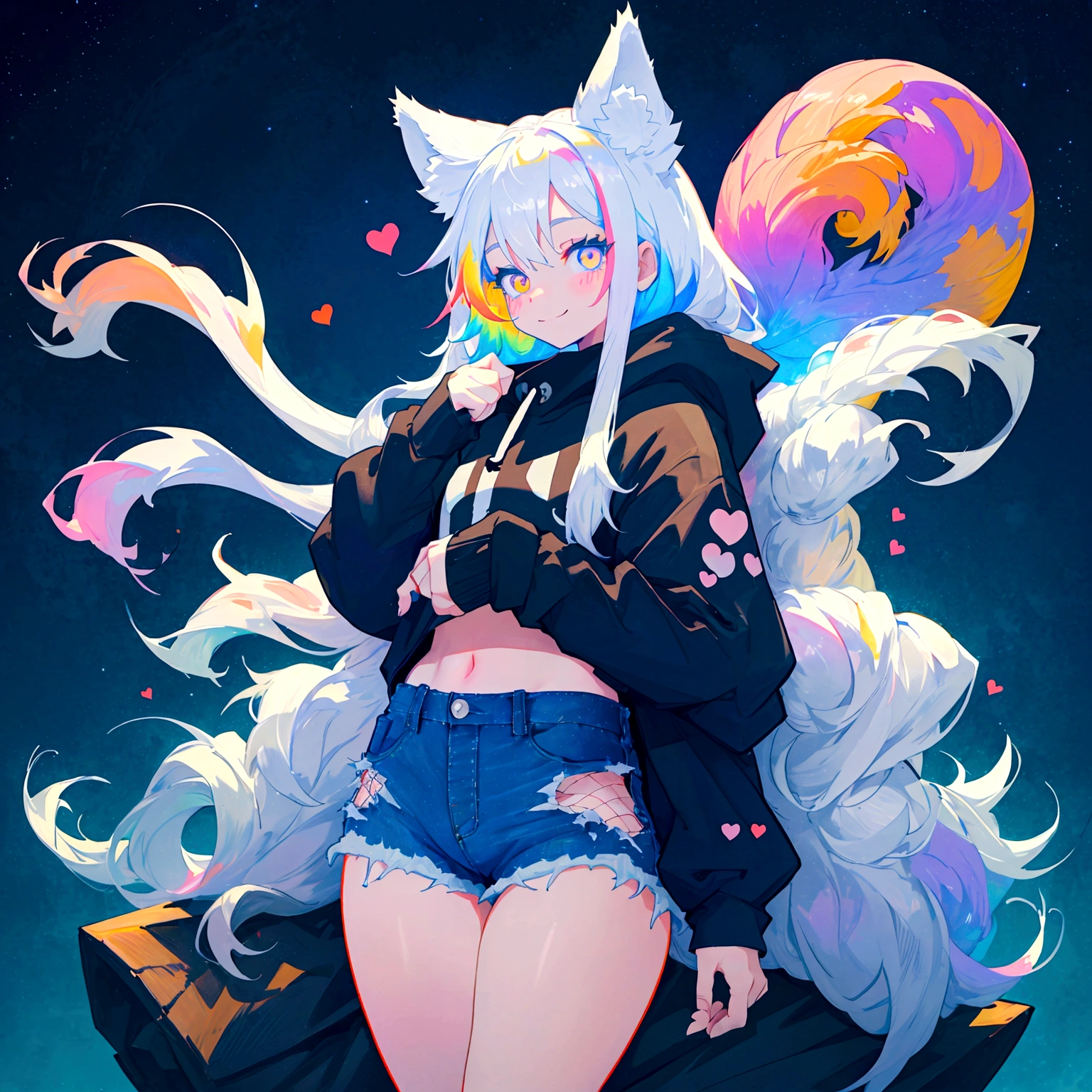 a cute adult male with wolf ears, long white hair, long locks, has a wolf tail, wearing a loose cropped black hoodie, wearing a pair of denim short shorts and fishnet stockings, thick thighs, wide hips, relaxing on mound of fluffy multi colored kawaii plushies, short, very slim, showing slender tummy, heart on hoodie, squishy thighs, has glowing blue eyes. alone, solo (ALONE)(SOLO), surrounded by rainbows, colorful galaxy backround, smiling
