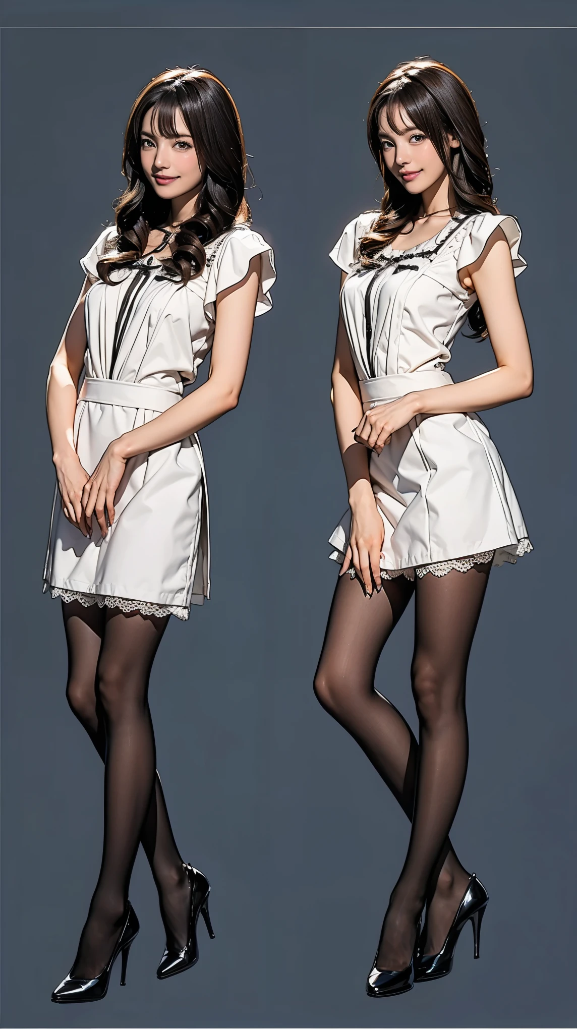 ((masterpiece)),(((Highest quality))),((Character design sheet)),Thin thighs,Long legs,Bunny girl in gorgeous light blue maid outfit:1.5,wear black tights:1.5,The best smile:1.5,Full Body Shot:1.5,Gray background:1.5,Wearing black high heels:1.5,short side waves:1.5,