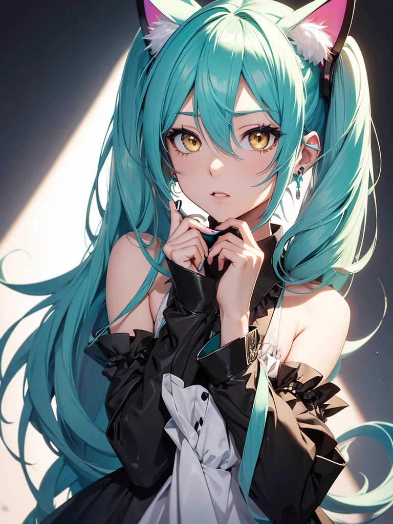 Hatsune Miku, makeup, earrings, yellow eyes, cat ears
