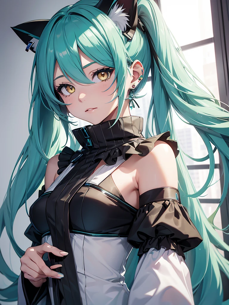 Hatsune Miku, makeup, earrings, yellow eyes, cat ears
