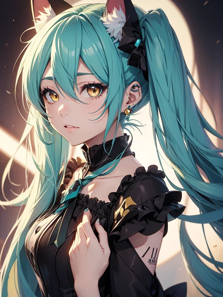Hatsune Miku, makeup, earrings, yellow eyes, cat ears
