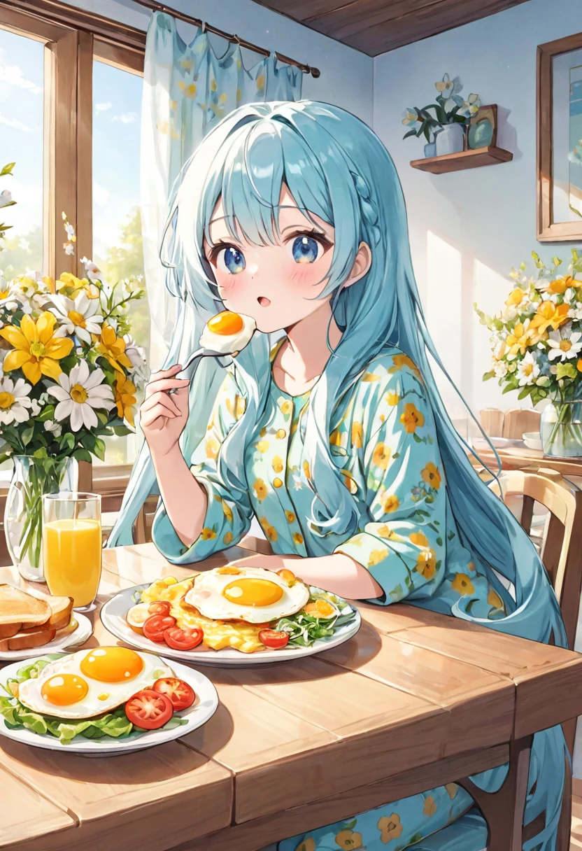 Light blue long hair、Twin-tailed Girl、Green pajamas with floral print、Eating breakfast in a sunny dining room、toast、Fried egg、salad、Delicious face、milk、The table is decorated with lots of margaret flowers.。