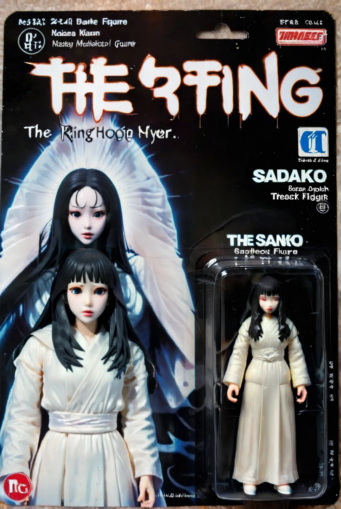 a toy figure of Sadako in white robe from a japanese horror movie with the title "The Ring"