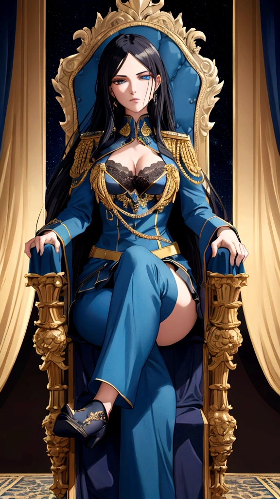 a beautiful and seductive woman with the face of the reference image, sitting on an ornate throne chair, wearing a Prusian blue military uniform, details on clothing in highly detailed aquamarine color, 8K, Masterpiece artwork, cinematic lighting, dramatic pose, Bright dark, details Intricate, rich colors , chic, majestic, arrogant look from top to bottom, mighty, age between 30 and 40 years, don&#39;t wear a skirt, wears pants