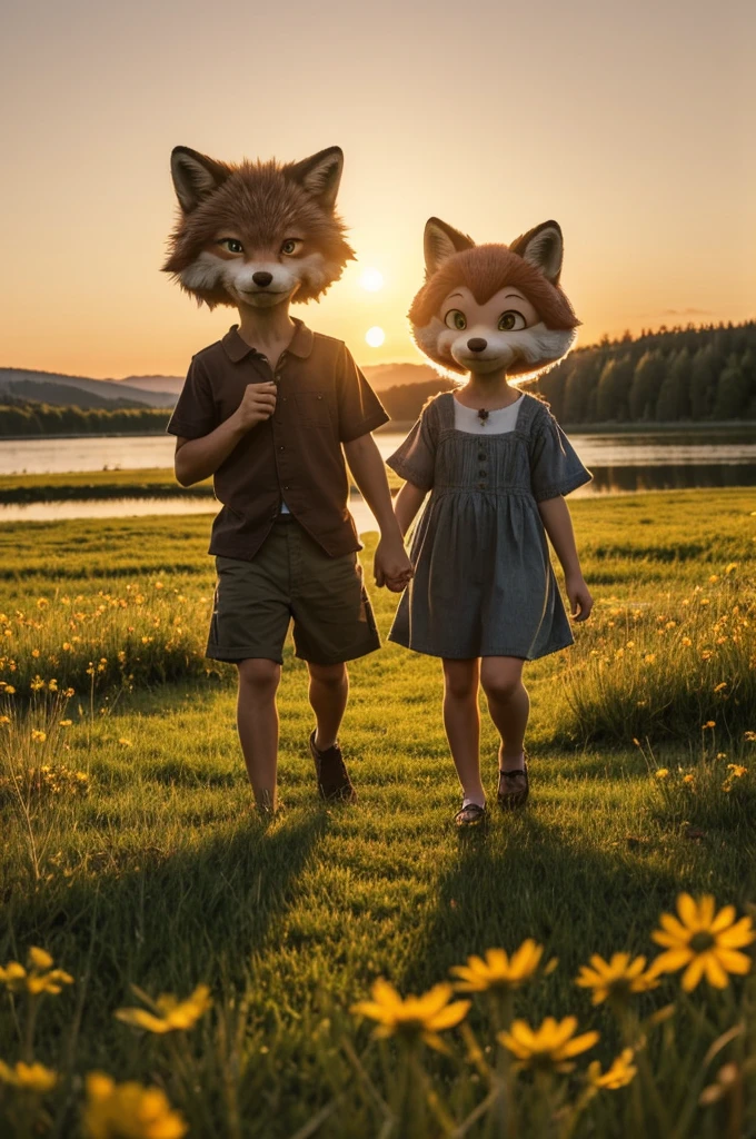 ((best quality)), ((masterpiece)), (Detailed), An anthropomorphic little wolf boy and an anthropomorphic little fox girl sit hand in hand in a meadow by a lake and watch the sunset.