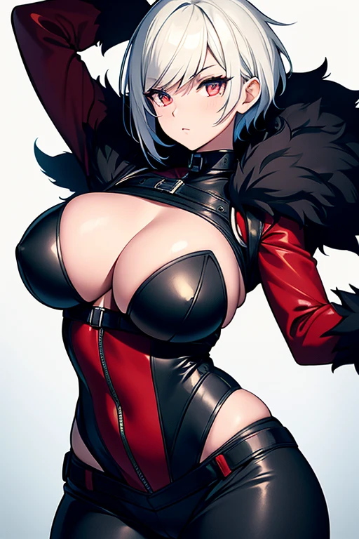 girl, with giant breasts, black fur, short hair, crimson eyes, white spy suit, matte black leather.