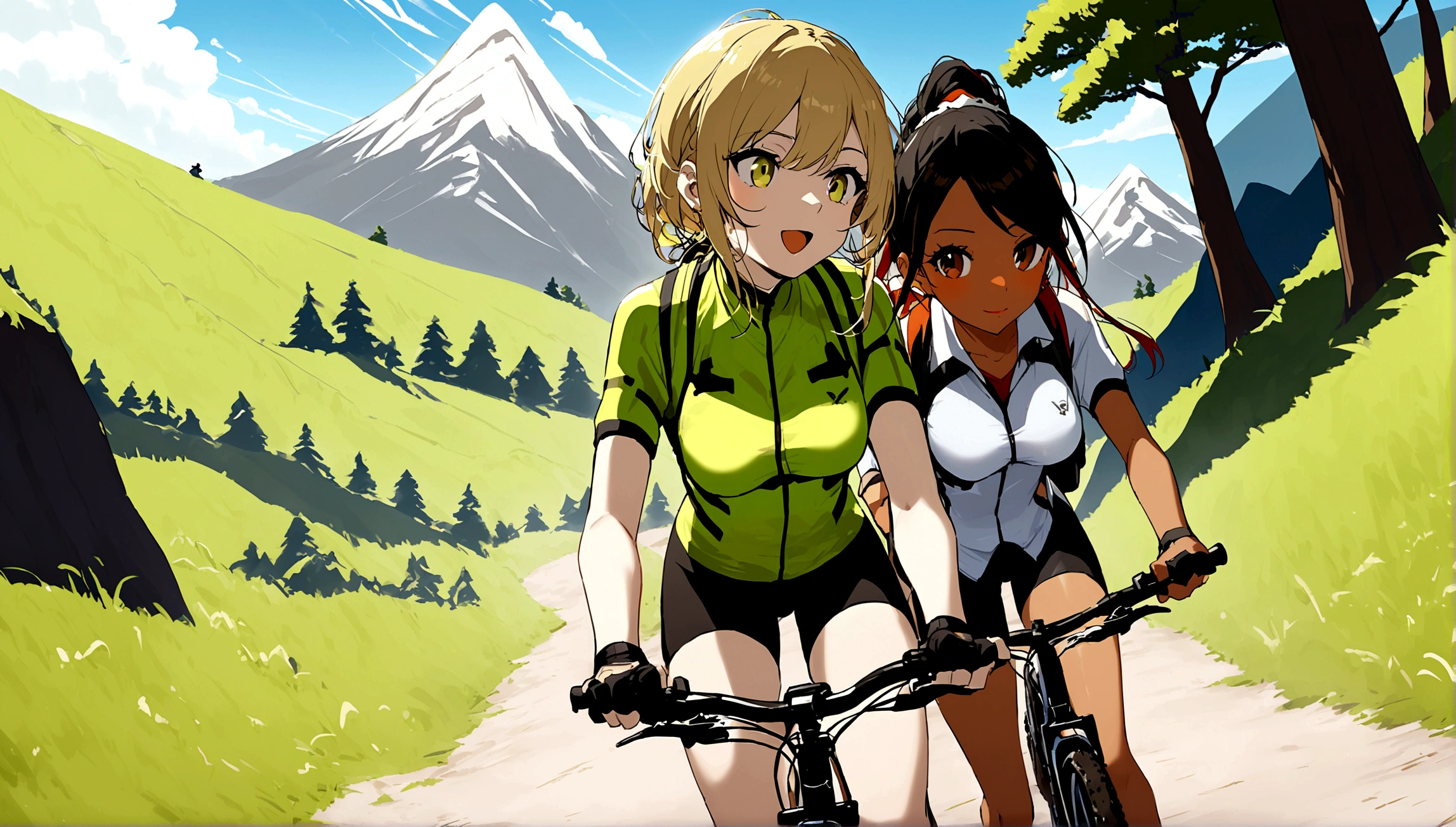 a couple of a black haired brown skinned girl and a blonde haired white guy having a MTB bike ride in the mountain