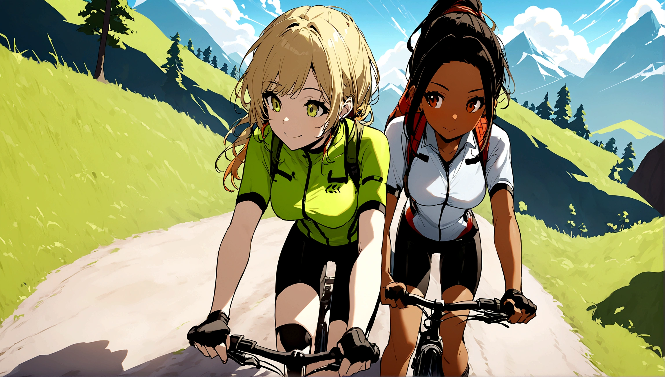 a couple of a black haired brown skinned girl and a blonde haired white guy having a MTB bike ride in the mountain