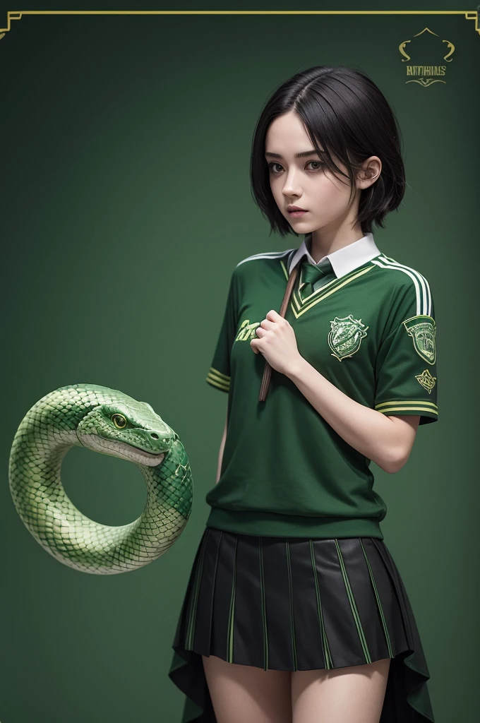 create a Slytherin sports Quidditch uniform from the world of Harry Potter, preferably a t-shirt and skirt with green and black tones and a snake emblem on the chest.
