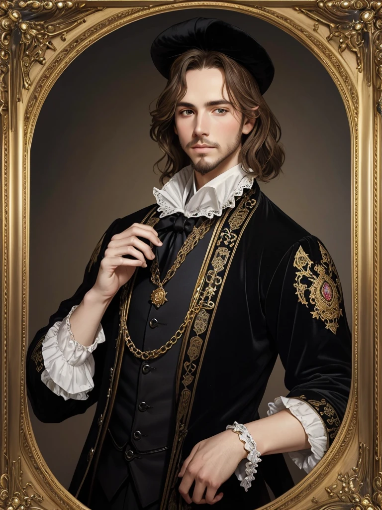 Christopher Marlowe's portrait, young, white skin, piercing blue eyes, golden-brown locks, combed back, refined features, sharp jawline, clean shaved facial hair, dignified posture, Elizabethan black velvet jacket, golden ornament, white laces, bare white neck, without frame, Mucha style, Mucha background, realistic, portrait