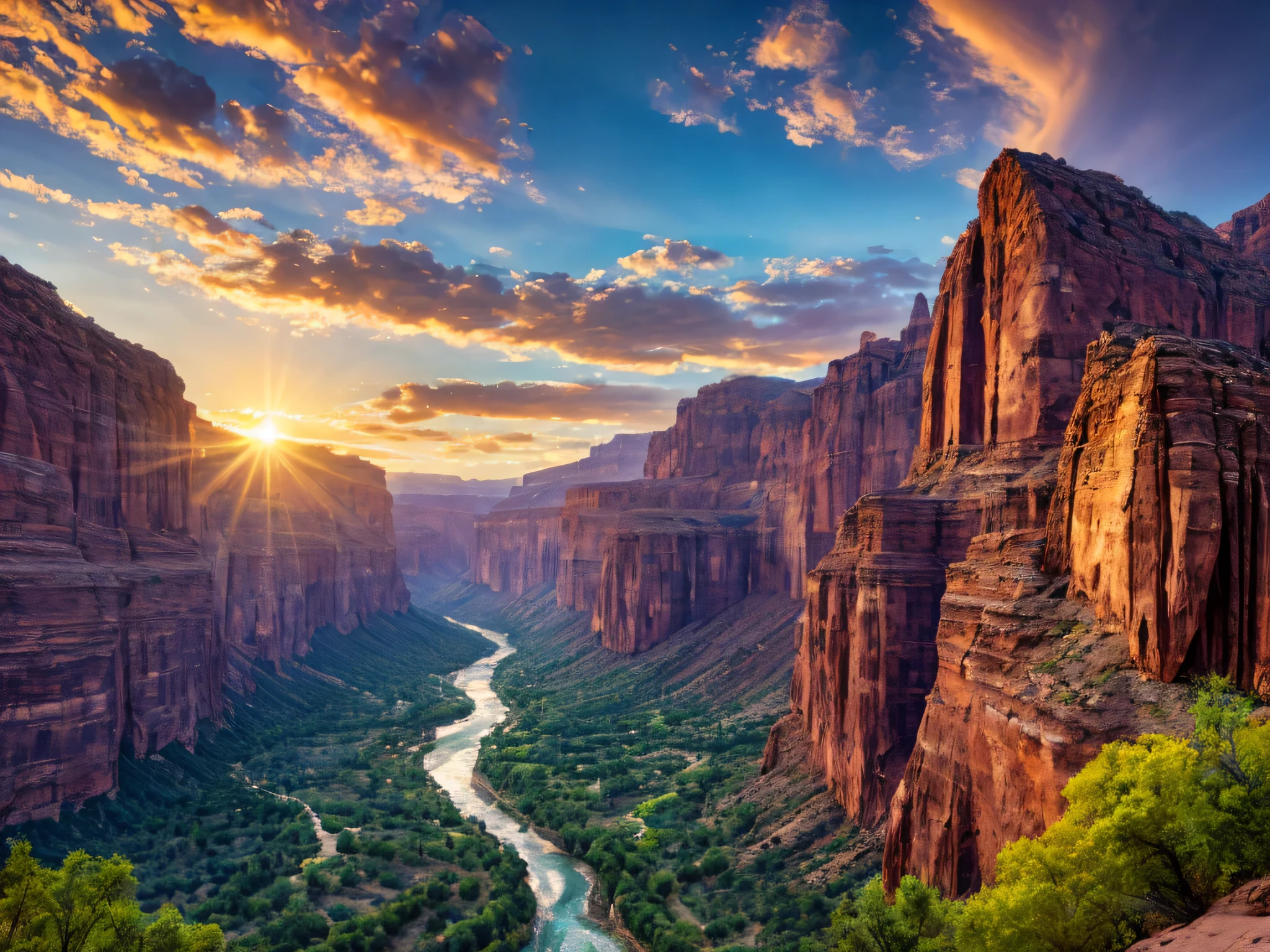River View, flowing through the valley, Against the background of the mountain, Sunset in the valley, mountains river trees, Green River Photos, stunning landscape image, Landscapes of the American West, mystical setting, Mysterious canyon streams, Stunning landscape, mountains and rivers, 4K безмятежный, Mark Adams, canyon background, Scott Gustafson, Magnificent landscapes,HDR,8k render.extrarealistic landscape