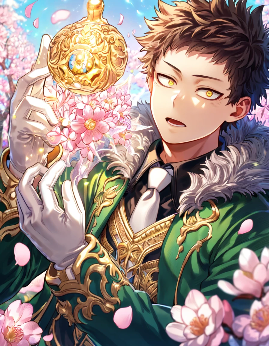 absurdres, highres, ultra detailed, HDR, master piece, Overhaul, dark brown hair, short hair, short bangs, expressive golden eyes, green coat with fur, black shirt, Boku No Hero Academia, sexy man, handsome, best quality, blossoms, pink petals, pink flowers, fantasy, magical, blue shining fireflies, solo, white gloves, white necktie,