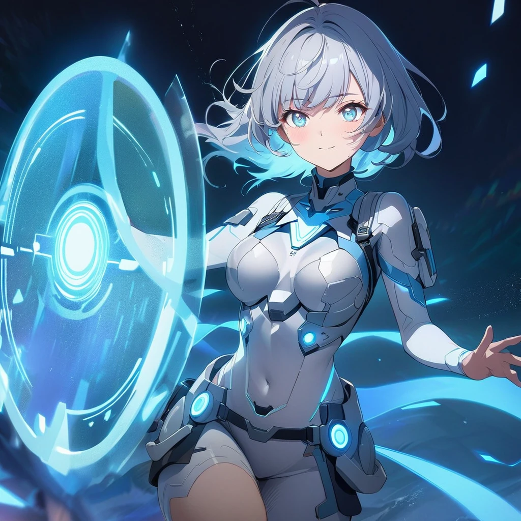 an image of a gentle girl with short, silvery-blue hair, wearing a futuristic, battle-ready outfit with glowing blue elements. She has a kind expression on her face, characterized by soft, warm eyes and a gentle smile with relaxed features. She is generating a large, translucent energy shield that shimmers with blue light, protecting herself and an area around her. The girl should be in a dynamic yet gentle pose, with one hand outstretched towards the viewer as if she's directing the shield and the other hand resting gently by her side. Her stance is strong yet relaxed, with one leg slightly bent. The background is dark and dramatic, with hints of blue light and energy waves illuminating their figures. The shield should have intricate, glowing patterns, enhancing the sense of her power and gentle control, (nude), detailed gorgeous face| anime style| key visual| intricate detail| highly detailed| breathtaking| vibrant| panoramic| cinematic| Carne Griffiths| Conrad Roset| gibbli 8k