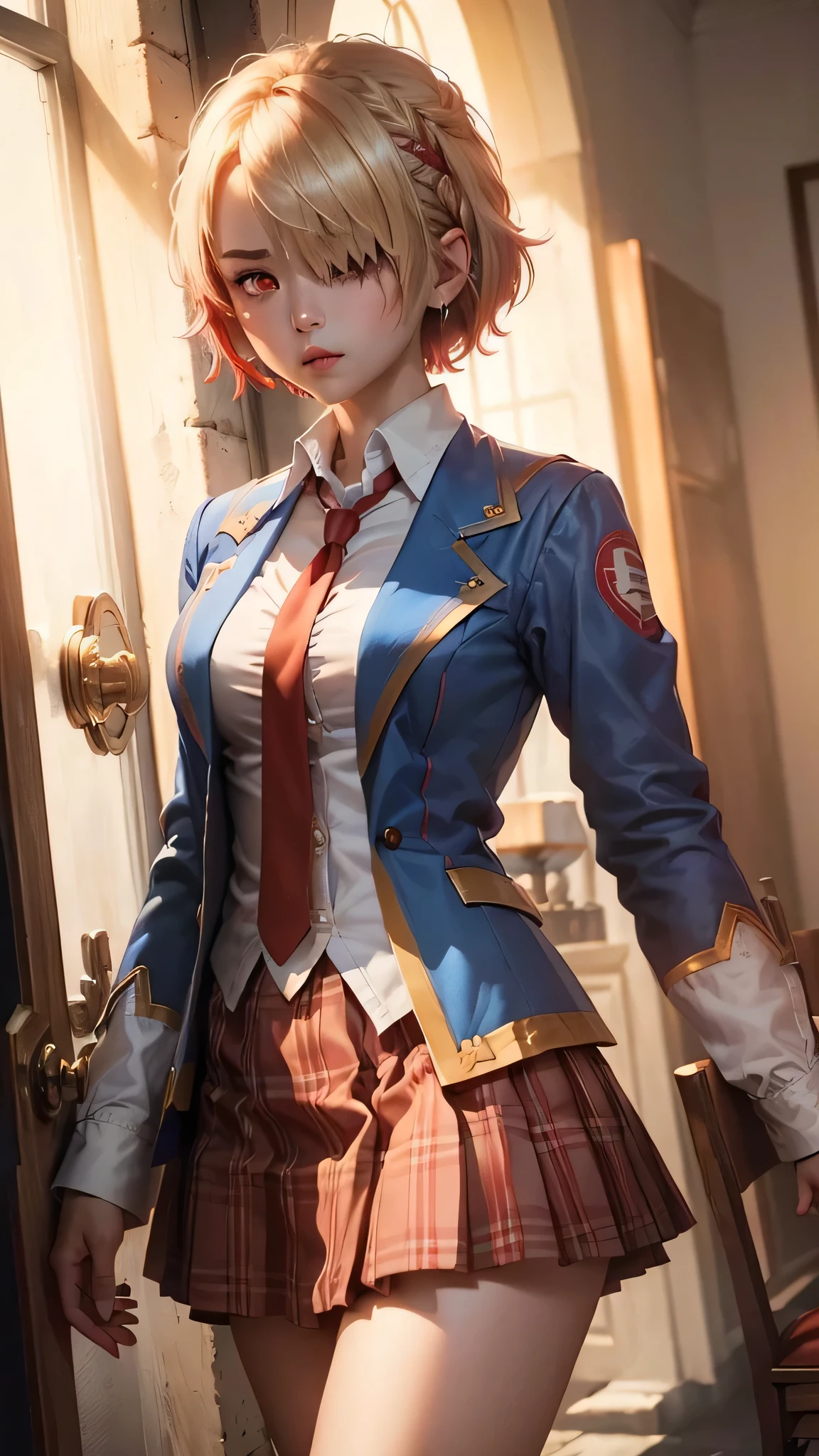 ((masterpiece))、(((Highest quality)))、((Super detailed)),(((Adult women)))、(Blonde Short Hair)、(Barrette)、(((Hair on one eye)))、(((Hide one eye with hair)))、(((Red eyes)))、(Blue blazer)、White shirt、Red tie、Brown plaid skirt、Mao Sen Moon Song、