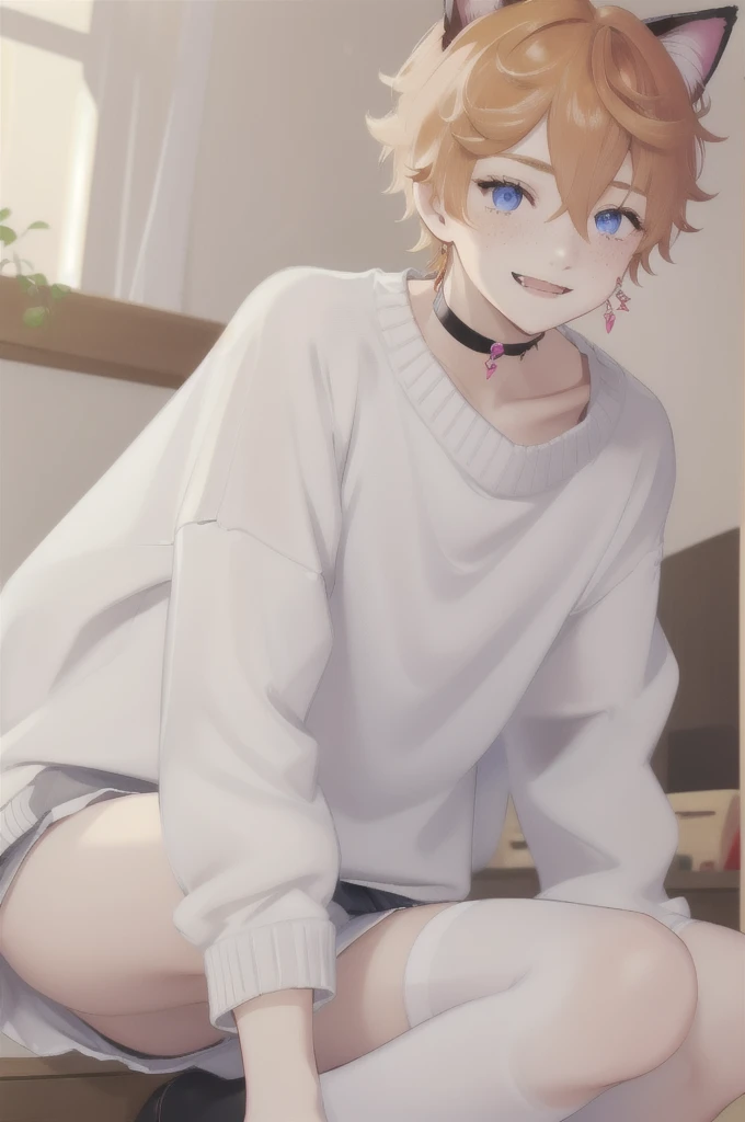 ((best quality, masterpiece, absurdres, super-resolution)),
1boy,cat ears,tartaglia_\(genshin_impact\),orange hair,blue_eyes,freckles,hair between eyes,short_hair,single_earring,pink and black,mini fangs,kawaii face,oversize fluffy pink sweater,punk choker,white short,white stockings,kawaii,smile,indoors,