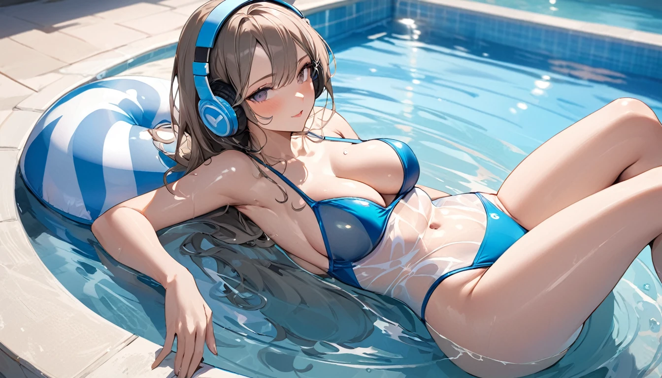 ((Top Quality)), ((Masterpiece)), ((Detail)), Perfect face, Perfact bodty, sitting on the swmming pool, listening to music, wearing headphones, wearing swimsuits, swimsuits are transparent, legs open Sitting wide open, wearing tight clothing (yes, buttocks and breasts are exposed). I see a face, one women