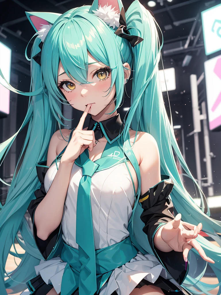 Hatsune Miku, cheerleader, sucking fingers, makeup, cat ears, yellow eyes