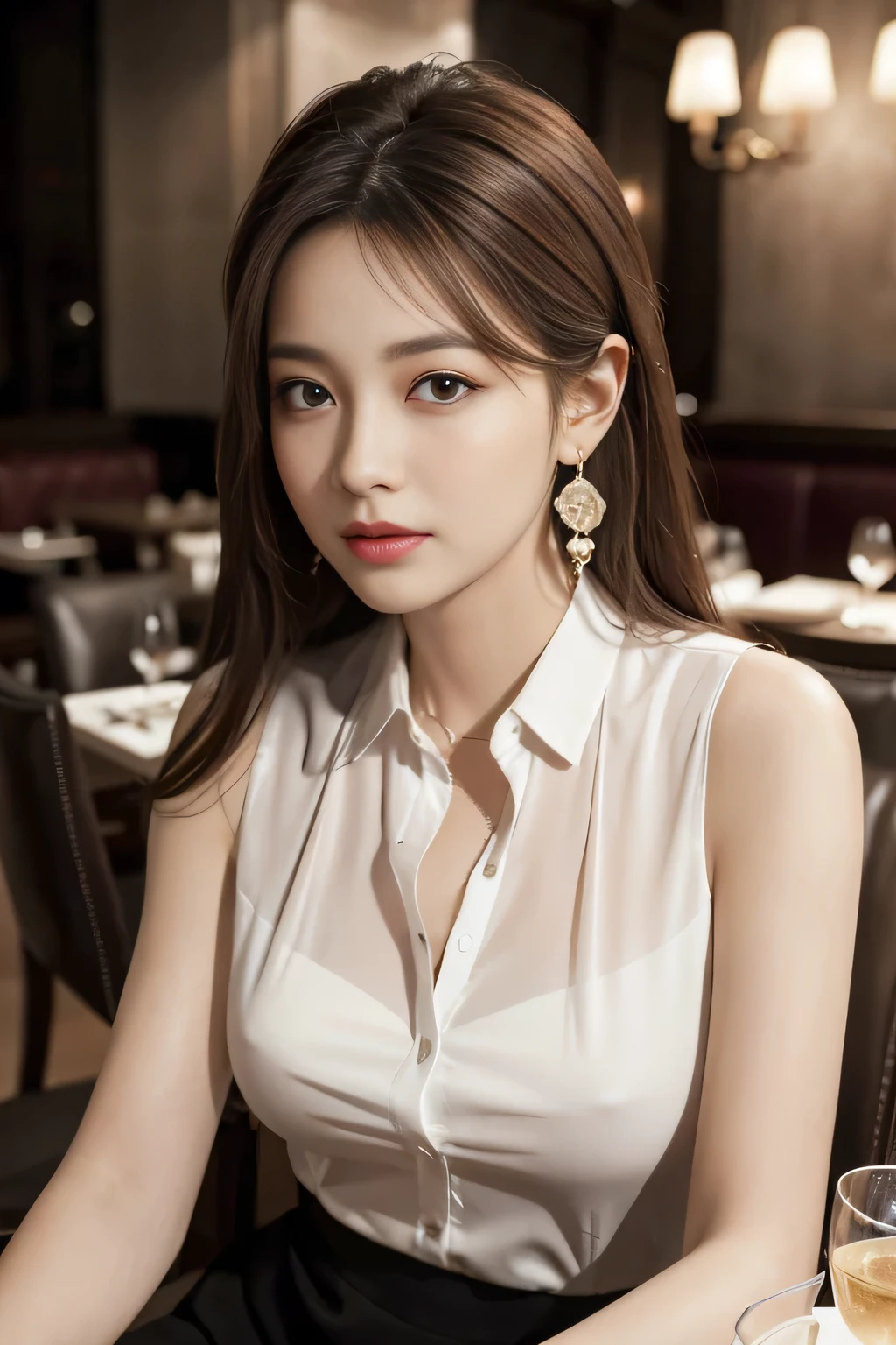 masterpiece, Highest quality, Realistic, Very detailed, Finer details, High resolution, 8k wallpaper, One beautiful woman, Wear an elegant white see-through shirt, In a great restaurant, At night, Light brown messy hair, Perfect dynamic composition, Beautiful and beautiful eyes、Big earrings、Sit on a chair、Sleeveless shirt、