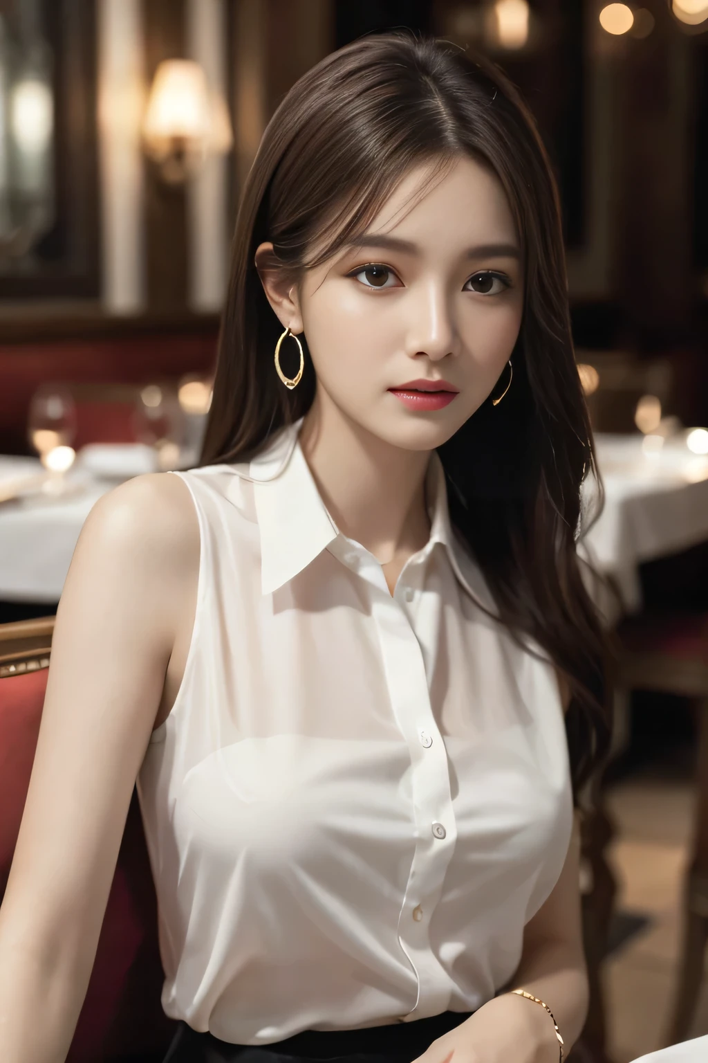 masterpiece, Highest quality, Realistic, Very detailed, Finer details, High resolution, 8k wallpaper, One beautiful woman, Wear an elegant white see-through shirt, In a great restaurant, At night, Light brown messy hair, Perfect dynamic composition, Beautiful and beautiful eyes、Big earrings、Sit on a chair、Sleeveless shirt、