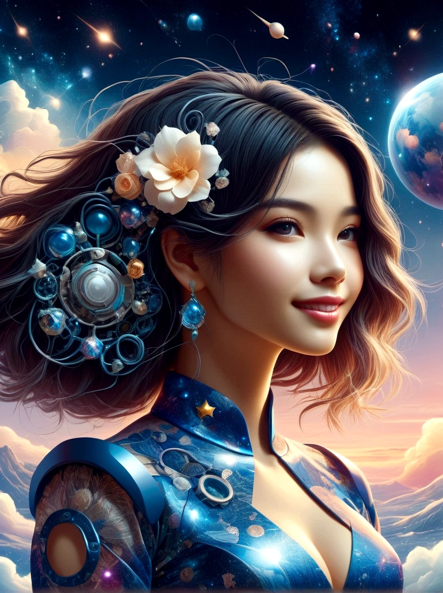 1xknh1, (full-body shot:1.4), Space Art, 1 Cheongsam woman,whole body,Standing,Transparent robotic arm,slim body,Perfect proportions,Exquisite hair accessories,Smile,Transparent mechanical shoes,Oriental elements,(bokeh),high quality,4K,3d