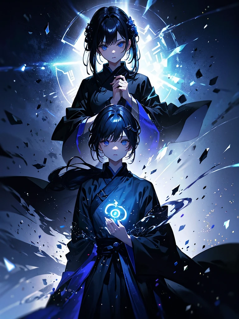 25-year-old girl、Rune background、black magician、Wearing a black robe、mesmerize、cute woman、Elegant hairstyle、indigo hair color、Slightly shorter hair、blue eyes、look at the viewer、masterpiece、Best image、