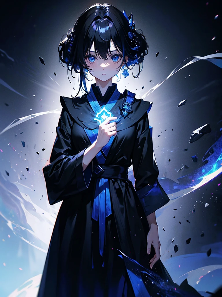 25-year-old girl、Rune background、black magician、Wearing a black robe、mesmerize、cute woman、Elegant hairstyle、indigo hair color、Slightly shorter hair、blue eyes、look at the viewer、masterpiece、Best image、