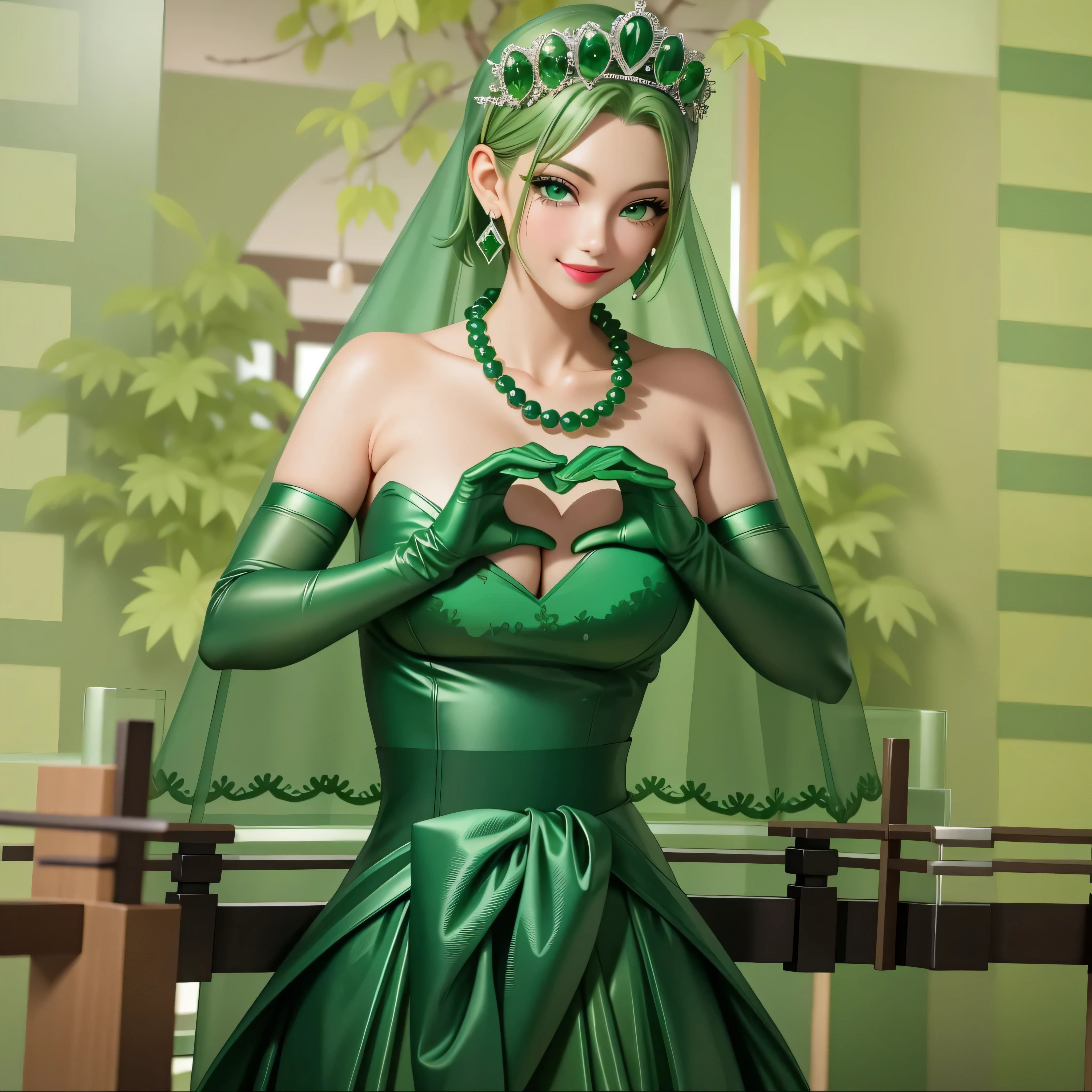 emerald tiara, Green Pearl Necklace, Boyish very short green hair, Green Lips, Smiling Japanese woman, Very short hair, Busty beautiful lady, Green Eyes, Green satin long gloves, Green Eyes, Emerald Earrings, Green veil, Heart with both hands, Green Hair, Beautiful Japanese Women, Heart shaped hands:1.3, green lip gloss