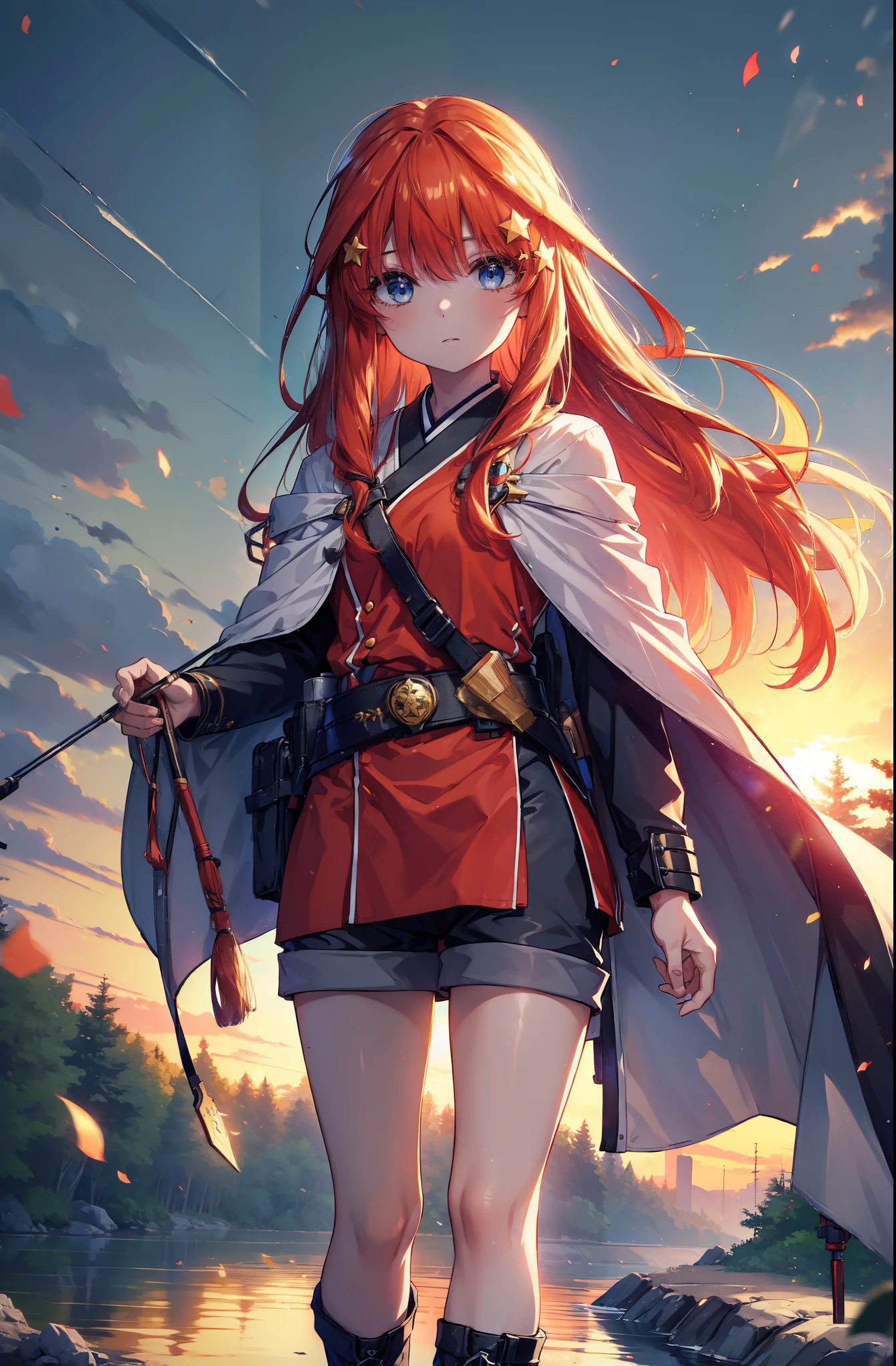 itsukinakano, itsuki nakano, bangs, blue eyes, Hair between the eyes, Redhead, star \(symbol\), hair ornaments, star hair ornaments,Long Hair,Owns an archery grip in the right hand,Carrying an archery bag,He has a quiver on one side, boots, Cape,gloves, red Knee socks, High heels, Shorts, Knee socks,whole bodyがイラストの中に入っていくように,歩いている
break outdoors, forest,forest林, break looking at viewer,whole body, 
break (masterpiece:1.2), Highest quality, High resolution, unity 8k wallpaper, (shape:0.8), (Fine and beautiful eyes:1.6), Highly detailed face, Perfect lighting, Highly detailed CG, (Perfect hands, Perfect Anatomy),