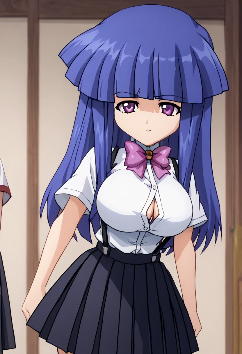 score_9, score_8_up, score_7_up, 1girl, solo, masterpiece, best quality, detailed, narrow waist, wide hips, huge breasts, huge ass, furude rika, blue hair, purple eyes, white shirt, pink bow, suspenders, black skirt, button gap, bursting breasts, pleated skirt, anime screencap