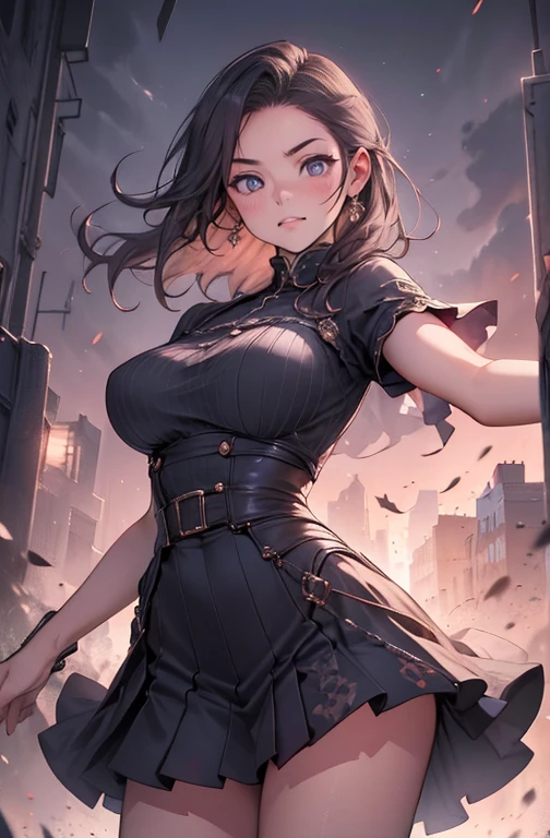 a beautiful woman with radiant eyes, a warm embrace, a bright smile, large full breasts, a mini skirt, black outfit,high quality, 8k, photorealistic, masterpiece, dramatic lighting, cinematic composition, intricate details, alluring expression, elegant pose, graceful movements