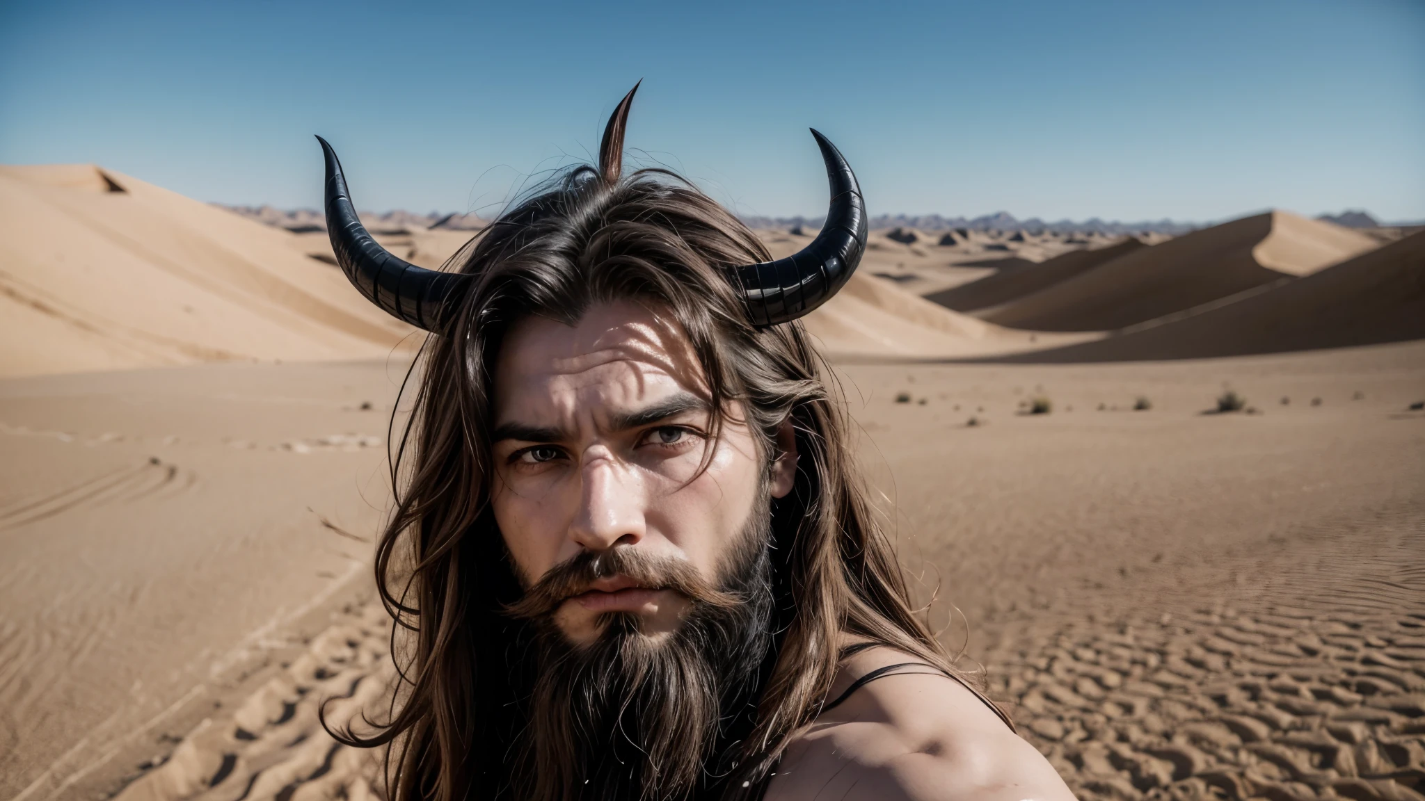 the devil with horns, tempting a man with long hair and beard in the desert