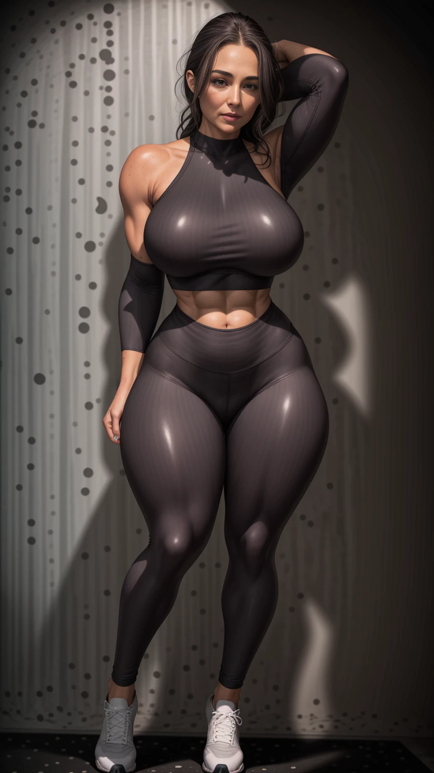 50 year old sexy woman, breasts big, gray and limp hair, new athletic body nafw thick thighs wearing sports bra and leggings 