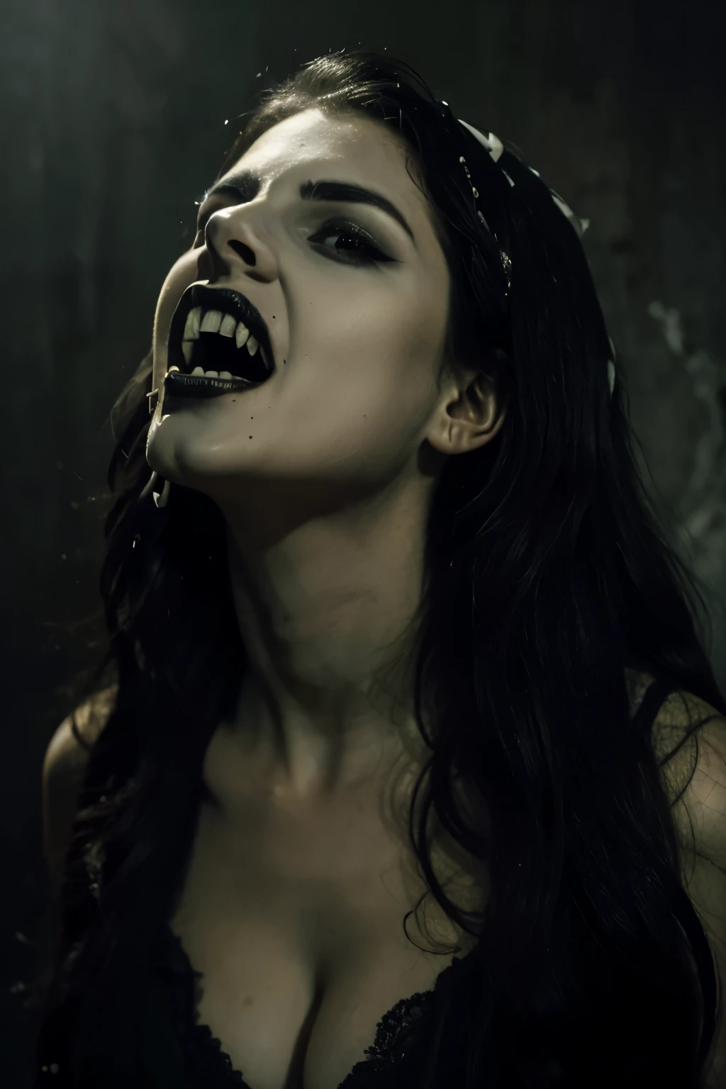 (masterpiece, top quality, best quality, official art, beautiful and aesthetic:1.2), (black and white:1.5), a pale Vampire girl with white skin, long hair flowing, black hair, ((open mouth, spike vampire teeth, angry face)), blood dripping from above, demon behind in all black, occult, oil painting:1.5, gloomy, holy, dark backgroound, black background, a dark shadow behind.