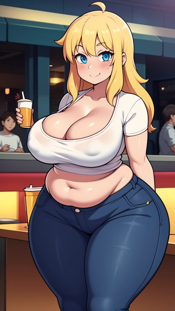((highres)), Masterpiece, high quality, best quality, beautiful, perfect lighting, detailed face, ultra cute face, looking at viewer, on a date, ((blush)), affectionate smile, ((1girl)), ((solo)), long blonde hair, fluffy hair, blue eyes, jeans, crop top, tight clothes, fast food restaurant, large breasts, cleavage, wide hips, ((thick thighs)), ((chubby)), chubby belly, standing, arms behind back, leaned over, cute pose,