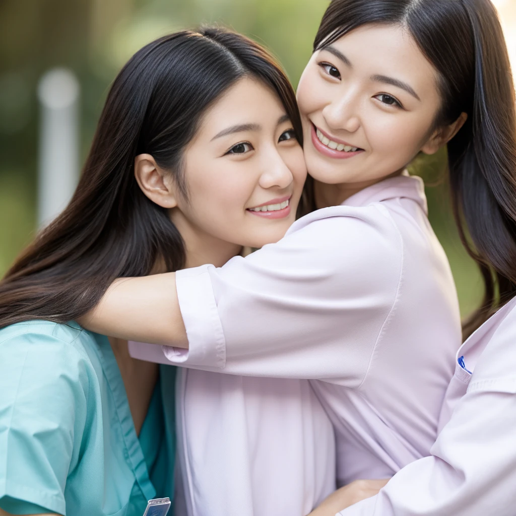 Beautiful Japanese female doctor in (white labcoat) and teal scrubs hugging cute Japanese female nurse in pink nurse uniform , beautiful detailed face, Japanese woman, pale skin, realistic skin, detailed cloth texture, detailed hair texture, Perfect proportion, Beautiful Face, accurate, Anatomically correct, Highly detailed face and skin texture