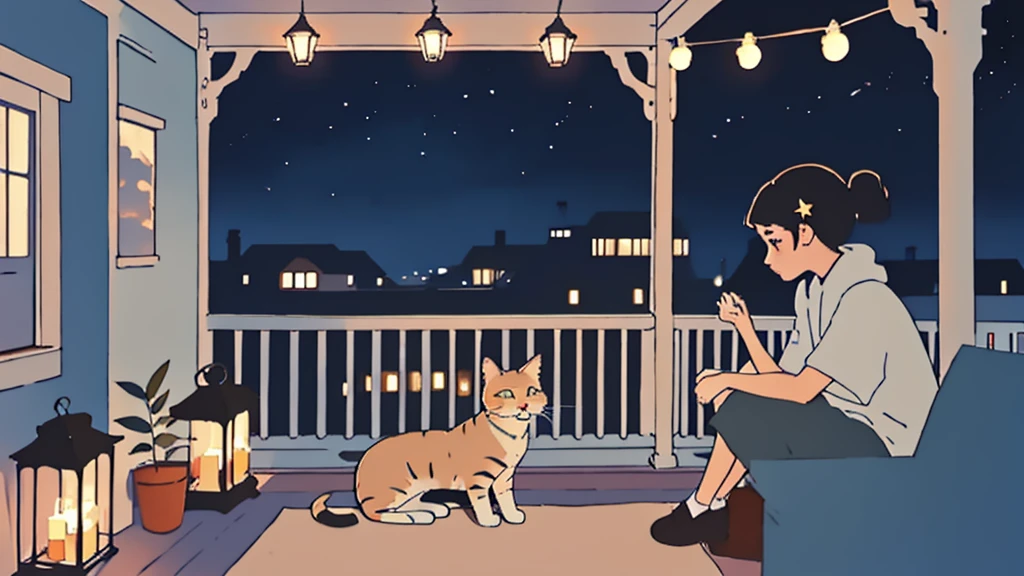 a girl sitting on a porch with a cat, with a view of the night sky,
