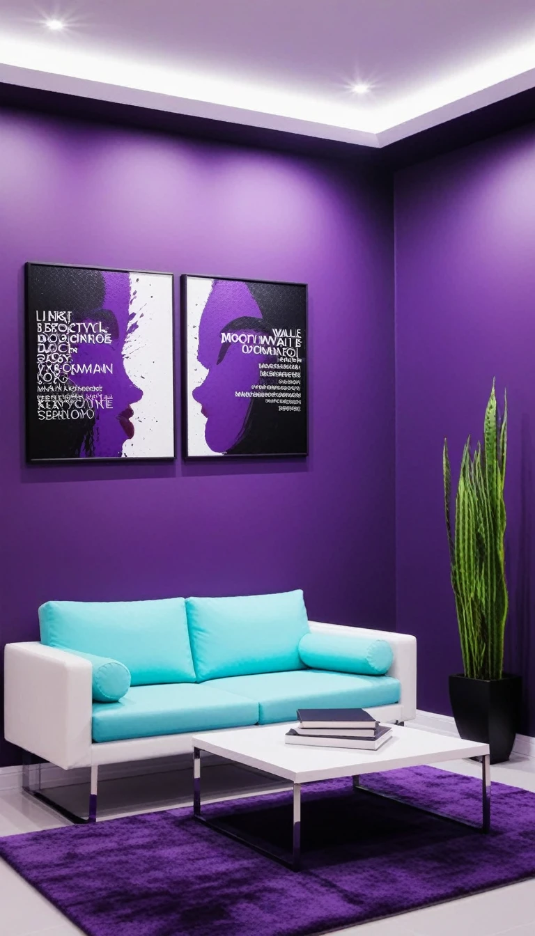 luxury for my videos, create a modern room background. The room should have the following elements: - Behind me is a wall painted with dark purple oil paint; - Several beautifully framed modern paintings hanging on the wall; - Simple filled with books and some decorative items, a contemporary library; - Bright colors with a predominance of purple tones, including neon LED lights that match the wall color, ambient lighting; - Furniture and decor that reflects current interior design trends but without background seating.