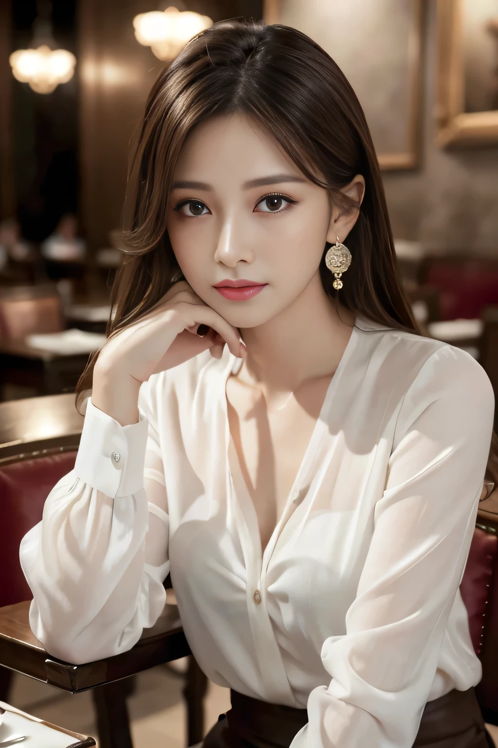 masterpiece, Highest quality, Realistic, Very detailed, Finer details, High resolution, 8k wallpaper, One beautiful woman, Wear an elegant white see-through shirt, In a great restaurant, At night, Light brown messy hair, Perfect dynamic composition, Beautiful and beautiful eyes、Big earrings、Sit on a chair、