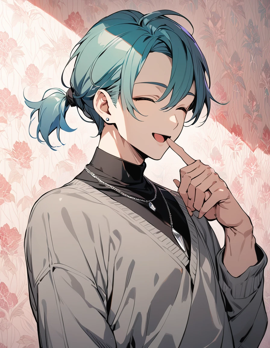 ((((best masterpiece, best quality, wallpaper,)))) solo, guy, male body, small muscles, flat chest, 1male, 30 years old, handsome man, dramatic angle, upper body, looking at viewers, beautiful detailed, finger to mouth, mediumturquoise hair, ((((Lower short ponytail)))), asymmetrical bangs, ((short hair,)) light smile, ((( closed eyes, ^o^, tareme, droopy eyes,))) perfect face, extremely closed eyes, perfect hands, sharp nose, seductive smile, clear face, black turtleneck, grey cardigan, ((silver piercing, simple silver necklace,)) leggings, pink background color ultrasharp, 8K, masterpiece,