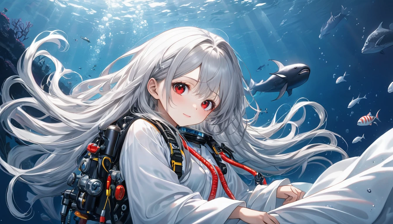 (Deep sea diving style), (biggest Deep Sea Creatures) and (one girl), (10 yo silverhair long hair alluring girl, detailed red eyes), in a white robe, (Drifting in the deep sea), break, (in the deep sea, background a abyss), BREAK, perfect anatomy, masterpiece, best quality, 16k, beautiful detailed deep sea, daydreaming expression