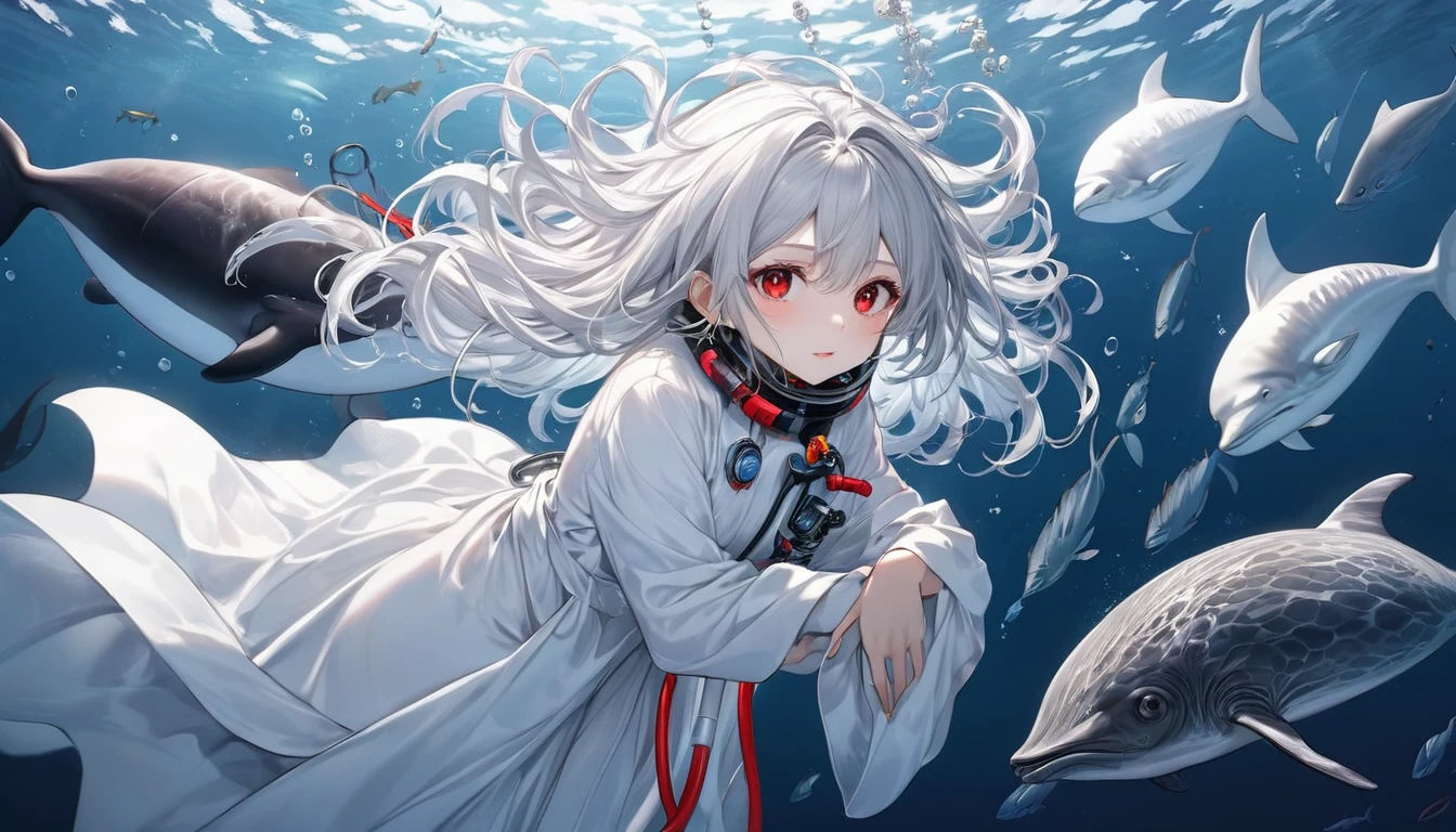 (Deep sea diving style), (biggest Deep Sea Creatures) and (one girl), (10 yo silverhair long hair alluring girl, detailed red eyes), in a white robe, (Drifting in the deep sea), break, (in the deep sea, background a abyss), BREAK, perfect anatomy, masterpiece, best quality, 16k, beautiful detailed deep sea, daydreaming expression