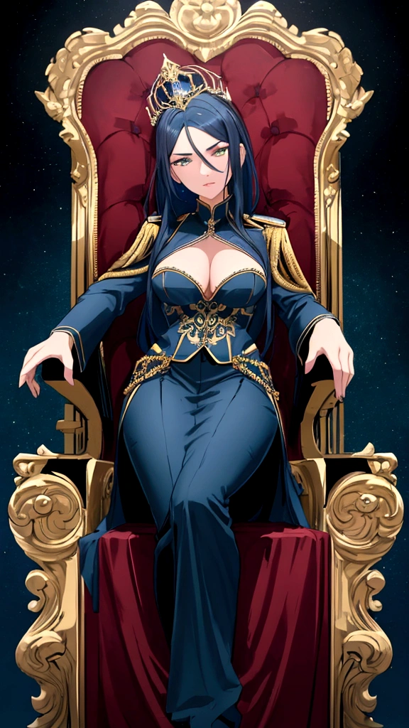 a beautiful and seductive woman with the face of the reference image, sitting on an ornate throne chair, wearing a dark blue military uniform in Prusian Blue tone, details on the clothing in highly detailed aquamarine green, 8K, Masterpiece artwork, cinematic lighting, dramatic pose, Bright dark, details Intricate, rich colors , chic, majestic, arrogant look from top to bottom, mighty, age between 30 and 40 years, don&#39;t wear a skirt, wears pants