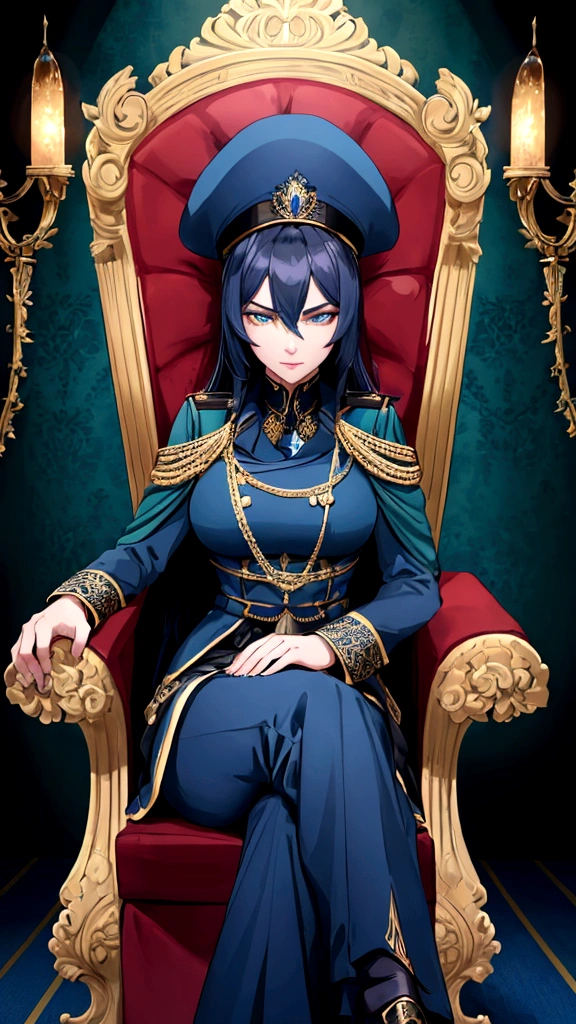 a beautiful and seductive woman with the face of the reference image, sitting on an ornate throne chair, wearing a dark blue military uniform in Prusian Blue tone, details on the clothing in highly detailed aquamarine green, 8K, Masterpiece artwork, cinematic lighting, dramatic pose, Bright dark, details Intricate, rich colors , chic, majestic, arrogant look from top to bottom, mighty, age between 30 and 40 years, don't wear a skirt, wears pants