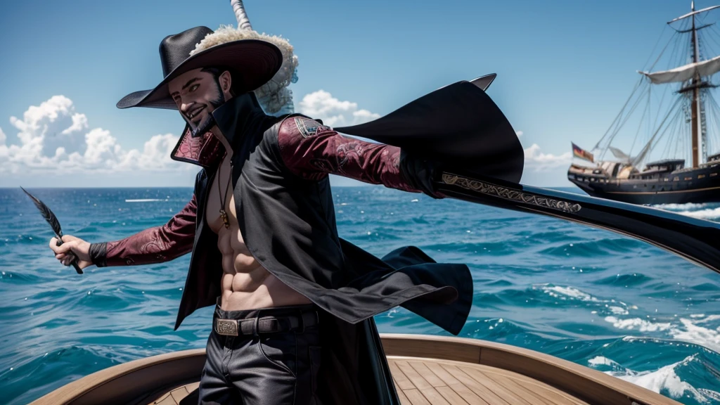 masterpiece, best quality, extremely detailed, hyperrealistic, photorealistic, a cool 40s man, ultra detailed face:1.2, black hat with feathers, on detailed yacht, sea, laughing, standing, dynamic pose, holding long black sword